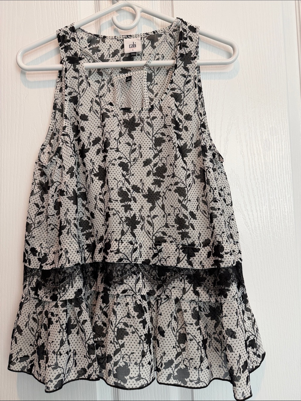 CAbi Black & White Floral Tiered Sleeveless Top